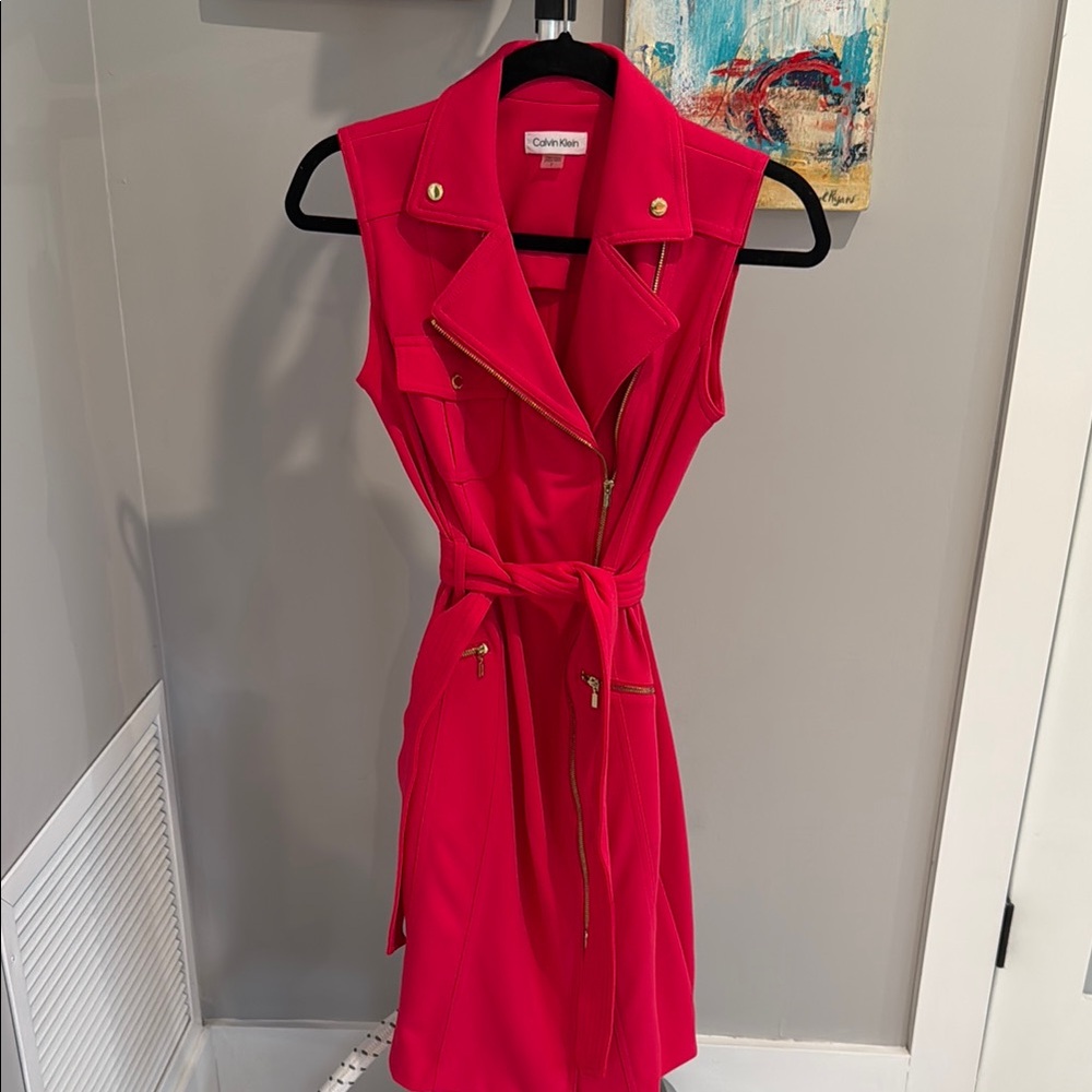 Calvin Klein Red Sleeveless Belted Dress